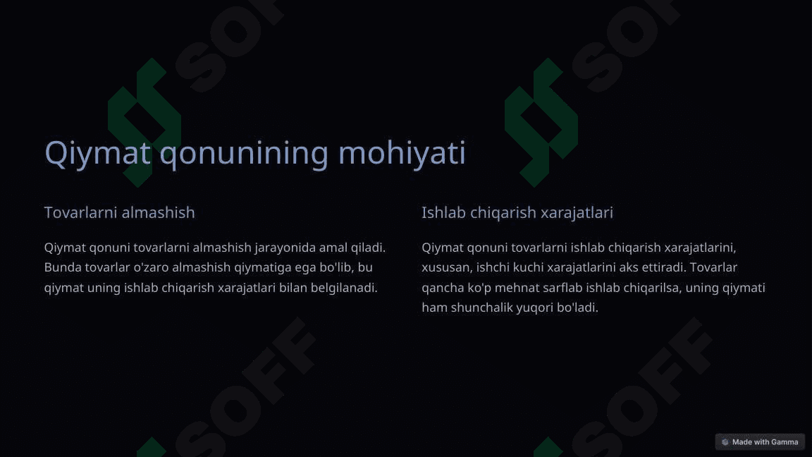 Iqtisodiyotda qiymat qonuni | Mustaqil ish | Prezentatsiya 2