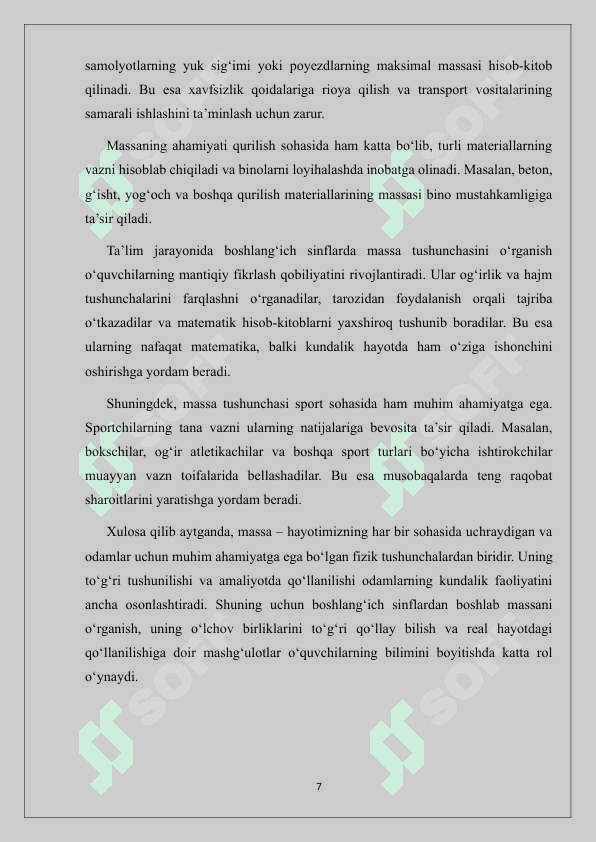 BOSHLANG'ICH SINFLARDA MASSA VA UNING O'LCHOV BIRKLIKLARNI O'RGANISH 7