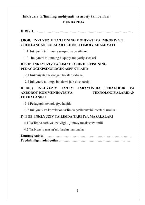 Inklyuziv ta’limning mohiyaati va asosiy tamoyillari