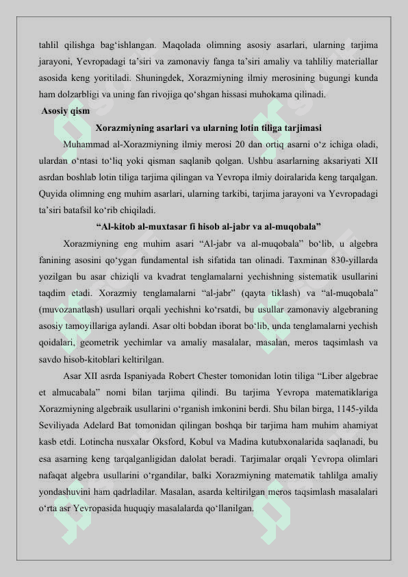 Muhammad Xorazmiyning lotin tiliga tarjima qilingan asarlari va ularning fan tarixidagi ahamiyati MAQOLA 2025 3