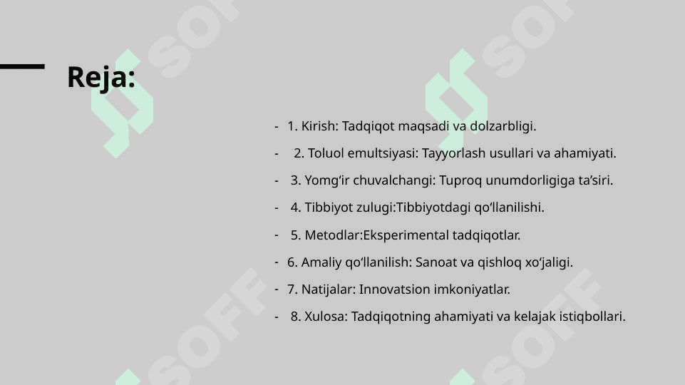 TOLUOLNING SUVDAGI VA SUVNING TOLUOLDAGI EMULTSIYASINI TAYYORLASH.

KAM TUKLI CHUVALCHANGLAR

SINFI VAKILI - YOMGIR

CHUVOLCHANGI VA ZULUKLAR

SINFI VAKILI - TIBBIYOT

ZULUKGINING TUZILISHI 2