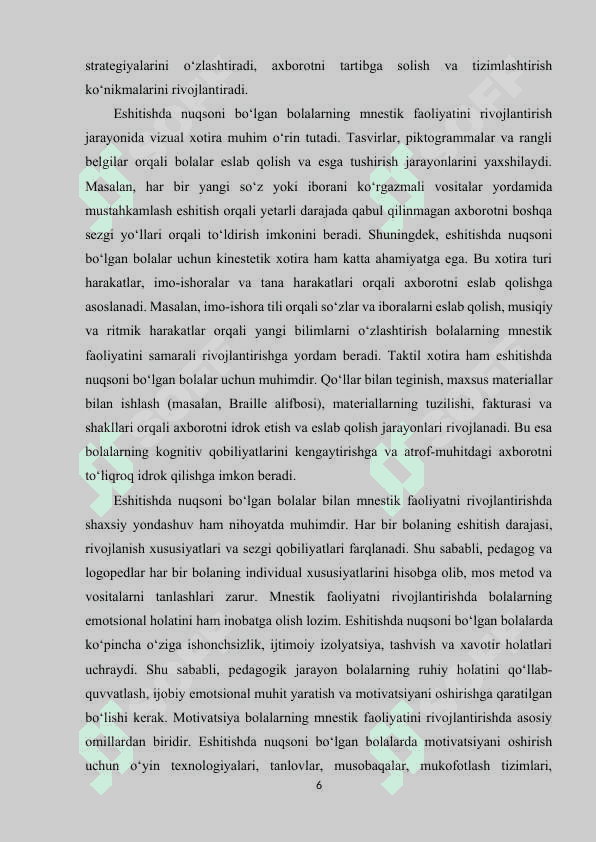 Eshitishida kamchiligi bo‘lgan bolalarda mnestik faoliyat. 6