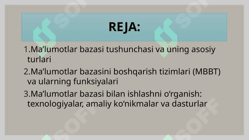ma'lumotlar bazasi va ularni boshqarish tizimlari bilan ishlashni o'rganish. 2