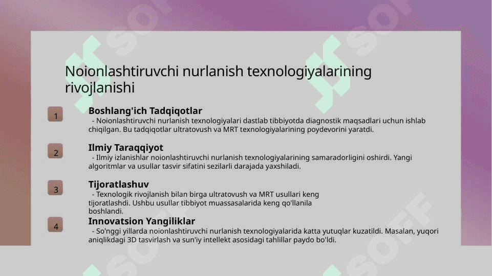 Noionlashtiruvchi nurlanishli nur tekshiruv usullarining fizik va texnologik asoslari. Ultratovush va magnit rezonans tomografik tekshiruvlar 8