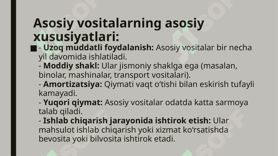 Asosiy vositalar va nomoddiy aktivlarning xususiyatlari, ularning biznesdagi roli, tarkibi va tuzilishi 3