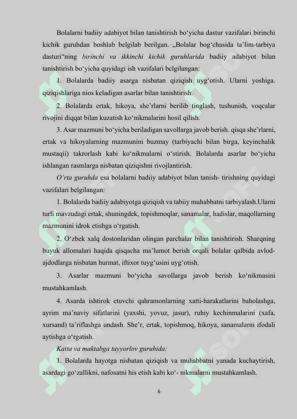 Bolalarning turli janrlardagi  adabiy asarlarni qabul qilish va tushunishlarining xususiyatlari. 6