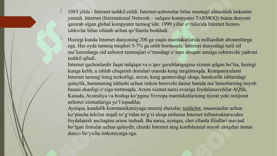 Internet tarmog'i va unda ishlash asoslari. Qidiruv tizimlari va elektron pochta 4