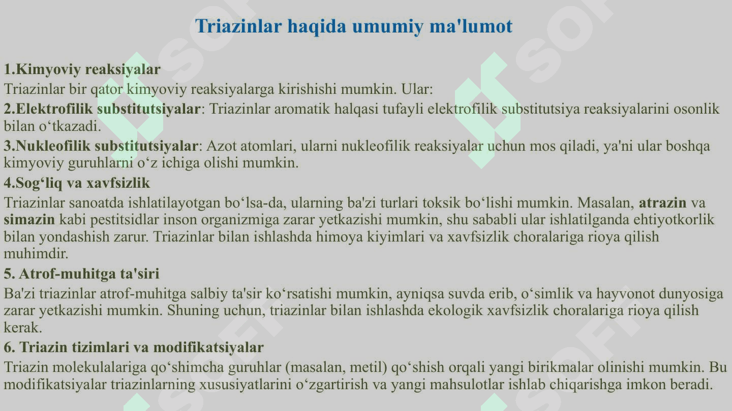 Triazinlar.  1,3,5-triazin (Simm-triazin)  molekulasining  tuzilishi  va xususiyatlari 4