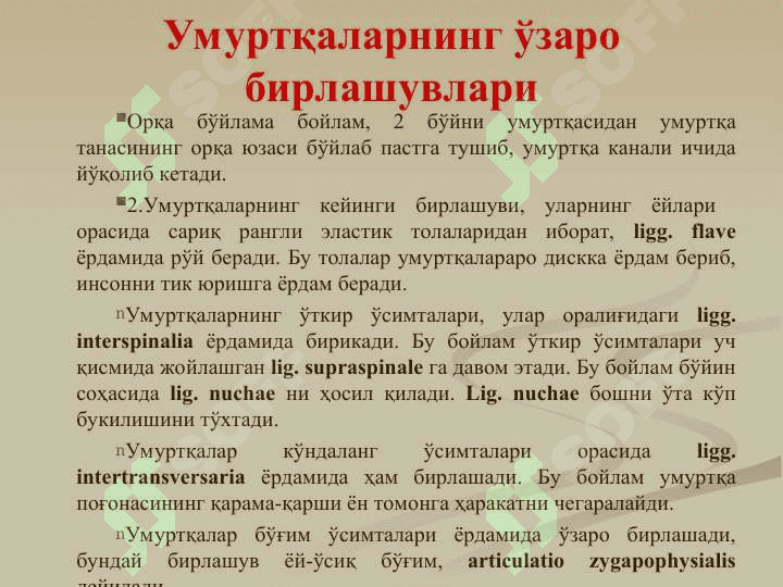Бирлашувлар.Тана суякларини бирлашуви ва уларнинг болалардаги хусусиятлари. Калла суякларининг бирлашуви. Чакка-пастки жағ бўғими 7