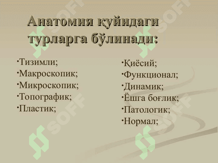 Анатомия фанига кириш. Умумий остеология. Скелет ҳақида умумий тушунча. Сатхлар ҳақида тушунча. Анатомик терминология. Суякларнинг тузилиши ва таснифи. Бўйин, кўкрак, бел ва думғаза умуртқалари. 5