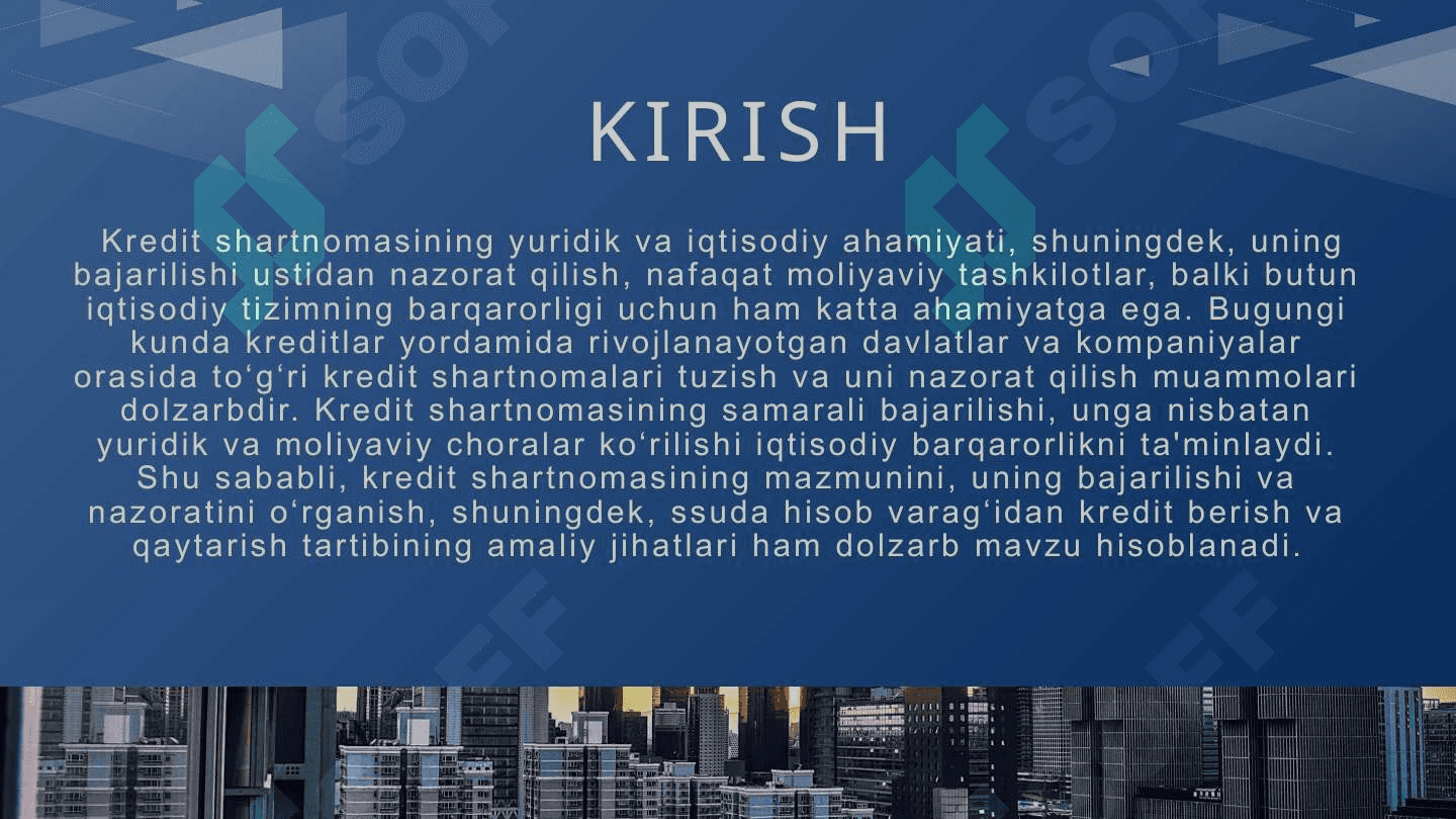 Kredit shartnomasi, uning mazmuni va ahamiyati. Kredit shartnomasi bajarilishi ustidan nazorat va ko’riladigan choralar. Suda hisob varag’idan kredit berish va qaytarish tartibi. 3