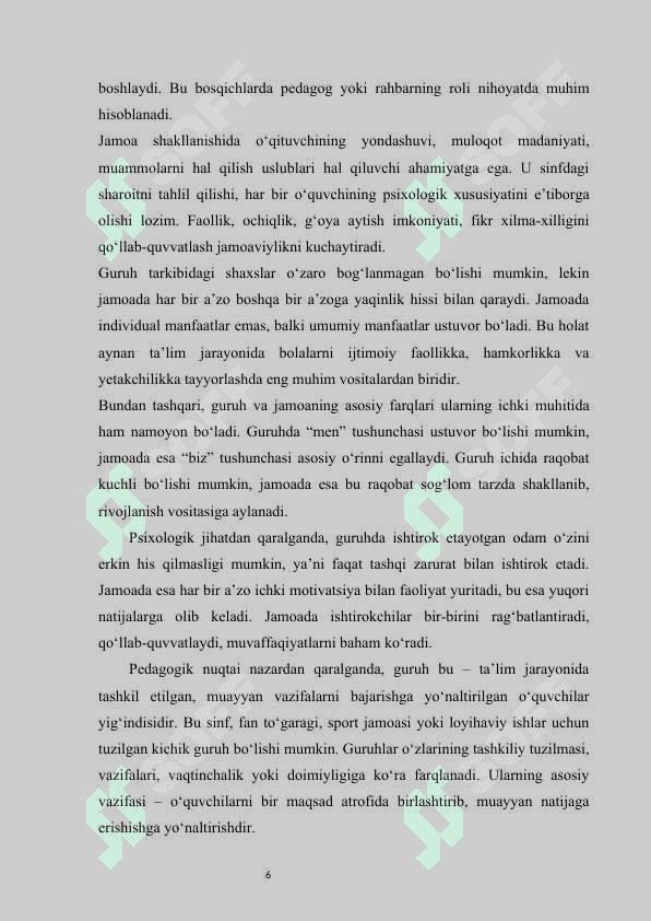 Guruh jamoasini tashkil etish, tarbiyalash va hamkorlikda ish olib borish metodikasi 6