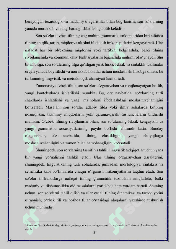 Hozirgi o‘zbek adabiy tilida son so'z turkumi 8