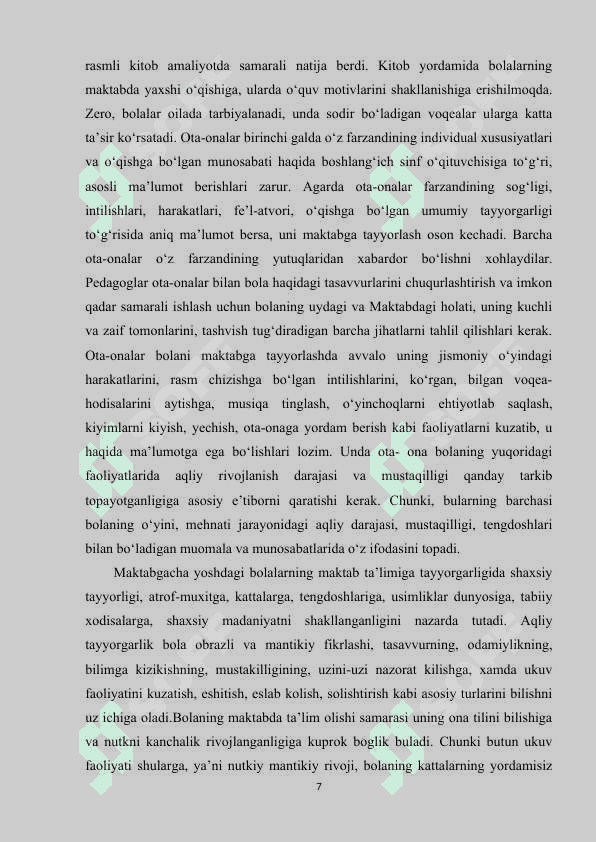 MAKTAB, OILA VA MAHALLA BILAN HAMKORLIKDA OLIB BORILADIGAN IJTIMOIY HAMKORLIK FAOLIYATI 7