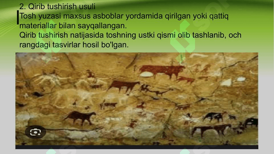 Qoyatosh suratlarining yozilishi. Qoya tosh suratlarining ishlanishi uslublari 3