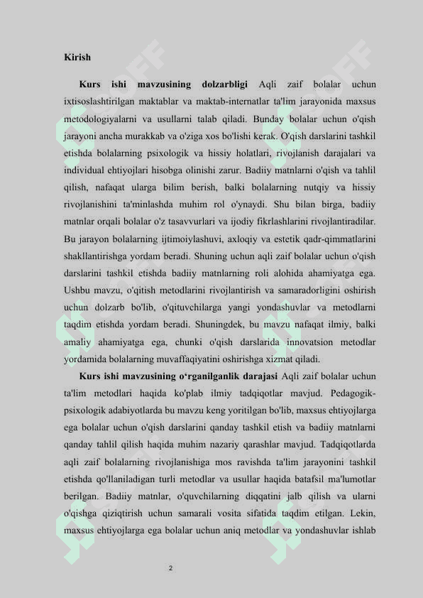 Aqli zaif bolalar uchun ixtisoslashtirilgan maktab maktab-internatlarda o'qish darslarida badiiy matnlarni tahlili   KURS ISHI 2