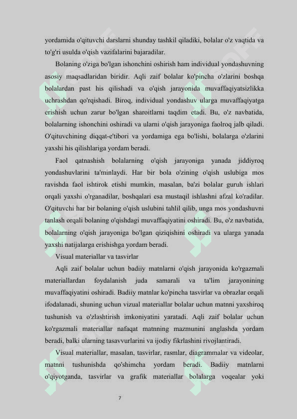 Aqli zaif bolalar uchun ixtisoslashtirilgan maktab maktab-internatlarda o'qish darslarida badiiy matnlarni tahlili   KURS ISHI 7