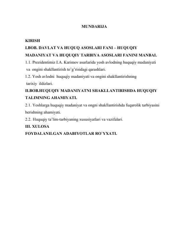 DAVLAT VA HUQUQ ASOSLARI FANI – HUQUQIY MADANIYAT VA HUQUQIY TARBIYA ASOSLARI FANINI MANBAI.docx