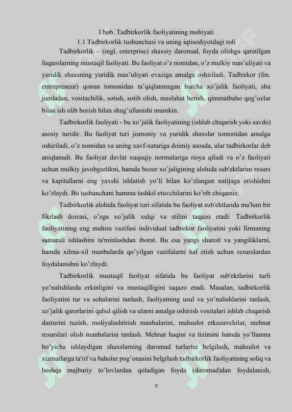 Tadbirkorlik faoliyatining asosiy shakllari. kurs ishi 5