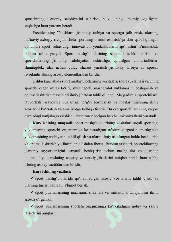 Sport mashg‘ulotarining vositalari sportdagi yuklama va uni sportchi organizmiga ta’siri mashg‘ulot yuklamasi. 3