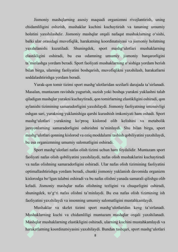 Sport mashg‘ulotarining vositalari sportdagi yuklama va uni sportchi organizmiga ta’siri mashg‘ulot yuklamasi. 8