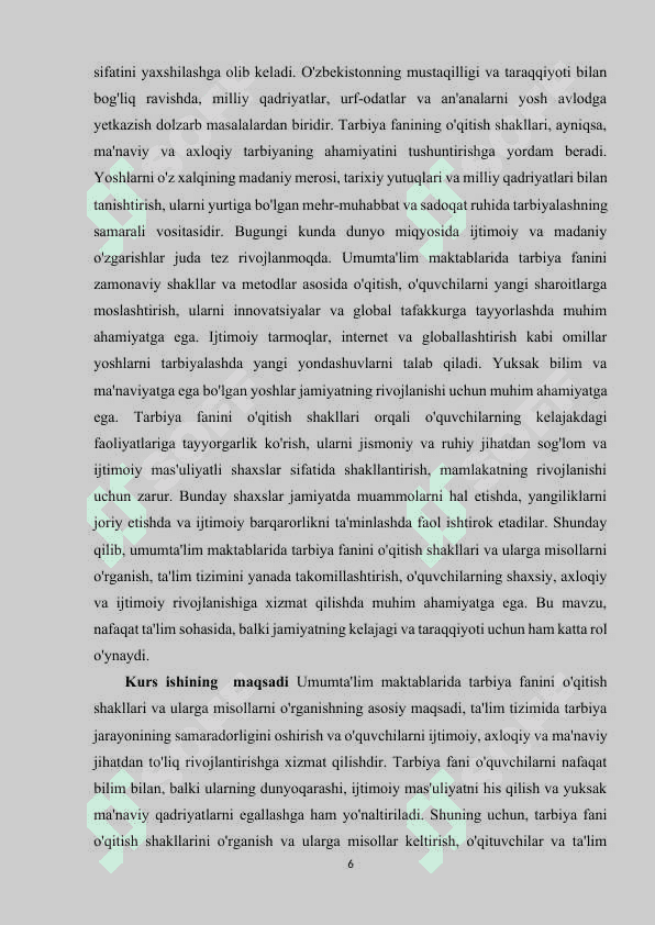 Umumta'lim maktablarida tarbiya fanini o'qitish shakllarining har biriga misollar yozish 6