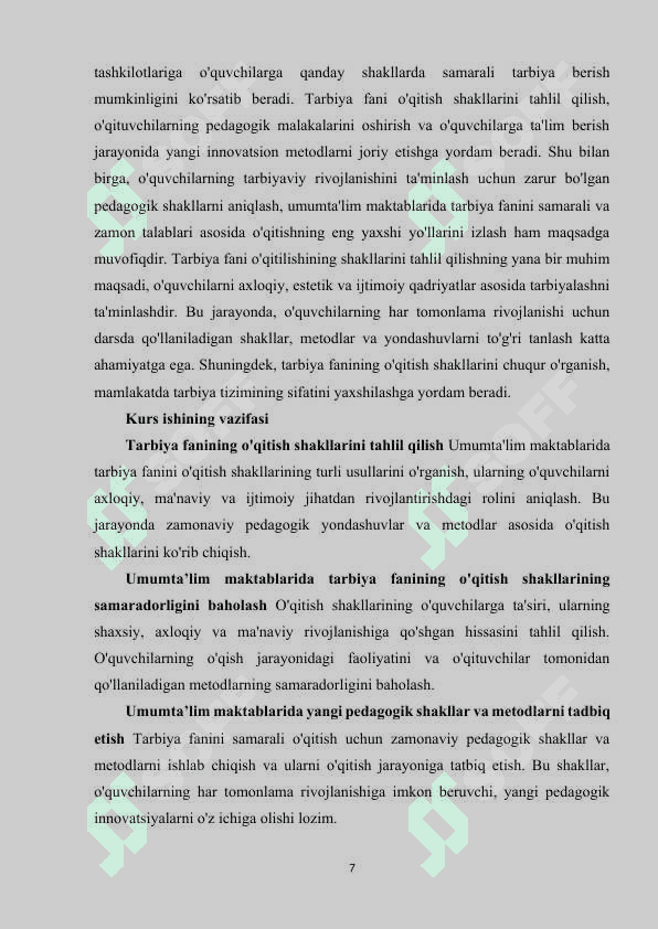 Umumta'lim maktablarida tarbiya fanini o'qitish shakllarining har biriga misollar yozish 7