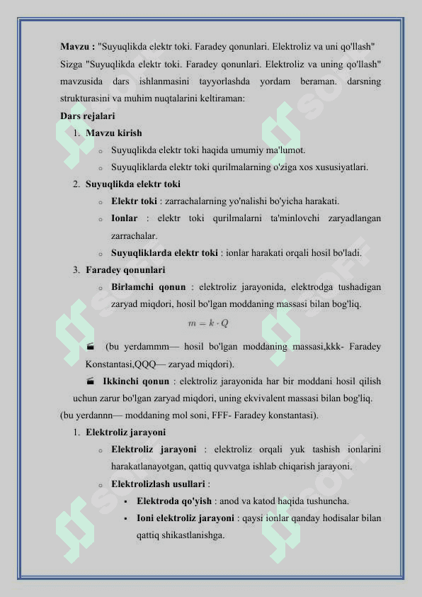Suyuqlikda elektr toki. Faradey qonunlari. Elektroliz va uni qo'llash 3