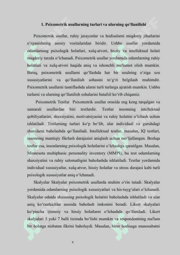 Psixometrik usullar — ruhiy jarayonlar va hodisalarni miqdoriy jihatlarini o‘rganish 4