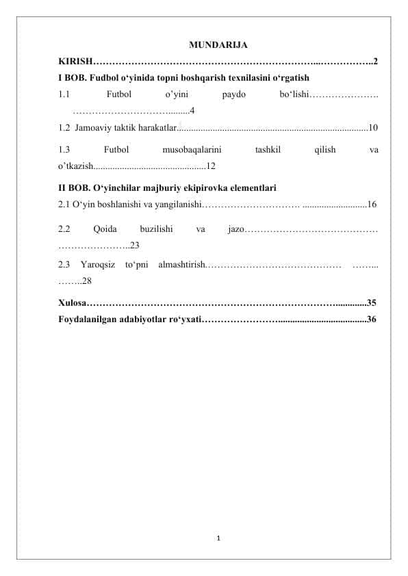 Kurs ishi Fudbol o‘yinida topni boshqarish texnilasini o‘rgatish 1