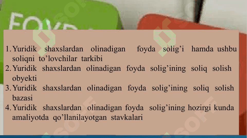 Taqdimot Yuridik shaxslardan olinadigan foyda solig‘i va uning korxonalar moliya-xo‘jalik faoliyatiga ta’siri 2