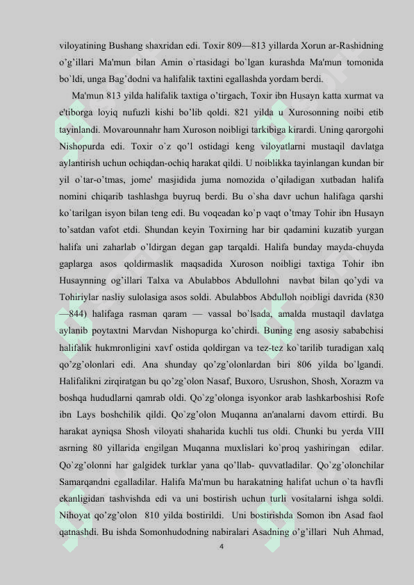 IX asrda arab xalifagidagi siyosiy vaziyat. Toxariylar davlatning tashkil topishi. 4