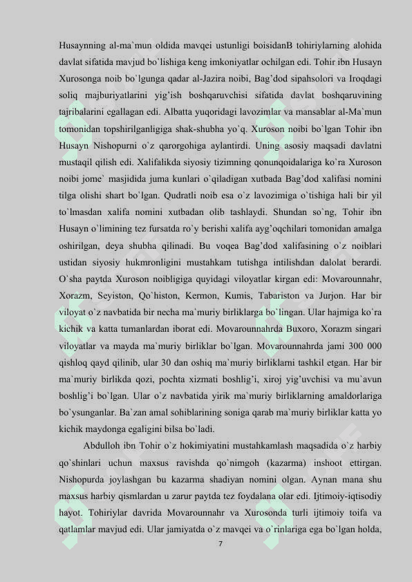 IX asrda arab xalifagidagi siyosiy vaziyat. Toxariylar davlatning tashkil topishi. 7