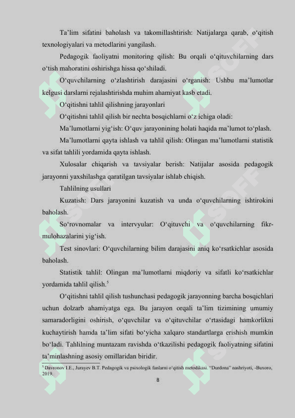 Kurs ishi O'qitishni tahlil qilish va ta'lim nazoratini boshqarish 8
