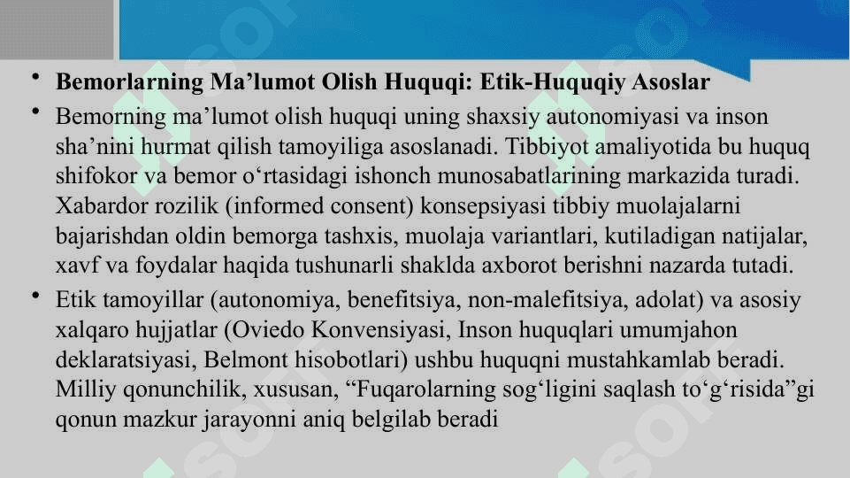 Bemorlarning ma'lumot olish masalasining etik-huquqiy jihatlari. Murda donorligida norozilik prezumpsiyasi modeli. 4