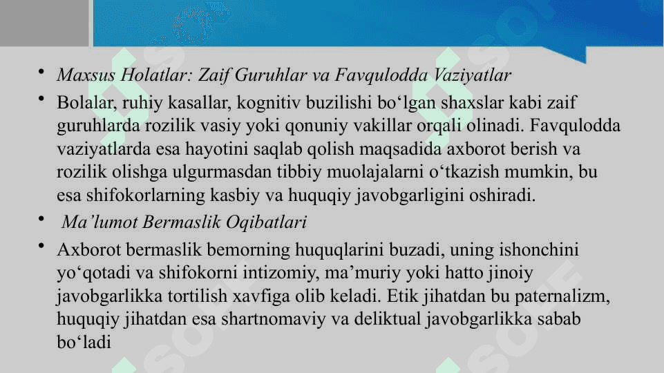 Bemorlarning ma'lumot olish masalasining etik-huquqiy jihatlari. Murda donorligida norozilik prezumpsiyasi modeli. 6