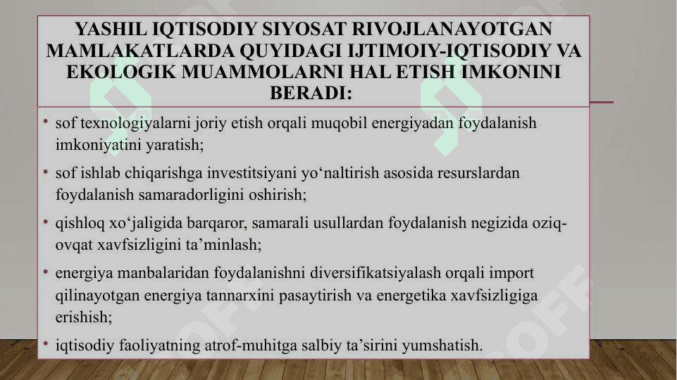 RIVOJLANAYOTGAN MAMLAKATLARDA BARQAROR RIVOJLANISHNI  TAMINLASH VA YASHIL IQTISODIYOTGA O`TISH MUAMMOSI. 7