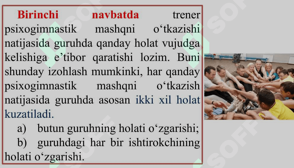 TRENING JARAYONIDA PSIXOGIMNASTIK	MASHQ USULI 6