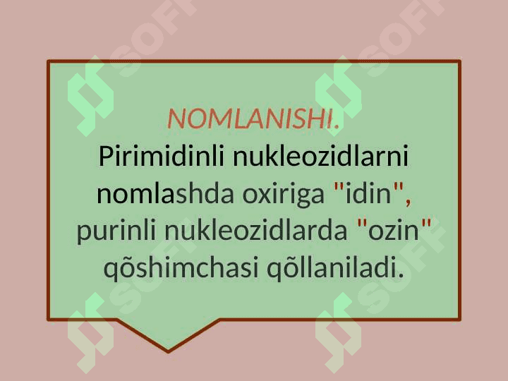 Nukleozidlar. Nukleotidlar. Nukleozidlarning mono- va polifosfatlari. Nukleotid tabiatli kofermentlar. 5