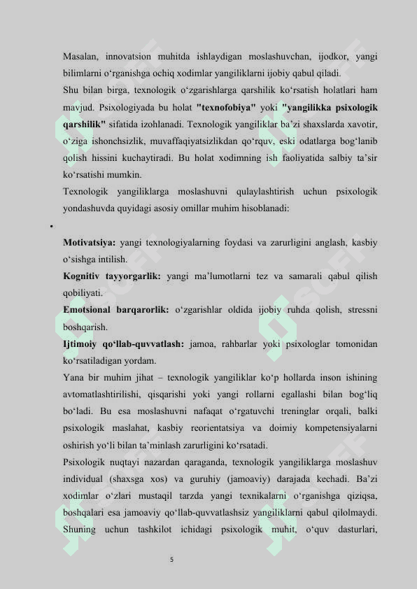 Texnologik yangiliklarga ko‘nikish psixologiyasi   MUSTAQIL ISH 5