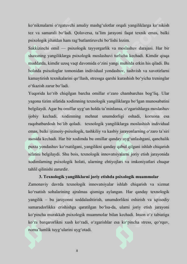 Texnologik yangiliklarga ko‘nikish psixologiyasi   MUSTAQIL ISH 8