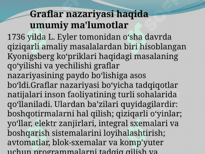 Graflar nazariyasi asoslari:graflar turlari, uchlar, qirralar, yoylar, daraxtlar. Graflarga hayotiy misollar 3