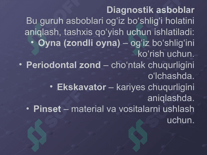 Stamatalagik asboblar tasnifi,  plonba qorish va qoyish uchun ishlatiladigan asboblar tishlarni charhlash uchun ishlatiladigon rotatsion asboblar, borlar. 4