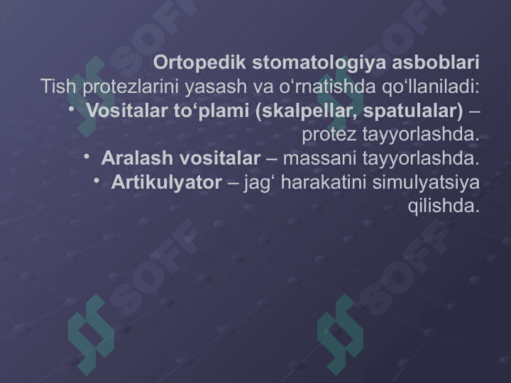 Stamatalagik asboblar tasnifi,  plonba qorish va qoyish uchun ishlatiladigan asboblar tishlarni charhlash uchun ishlatiladigon rotatsion asboblar, borlar. 7