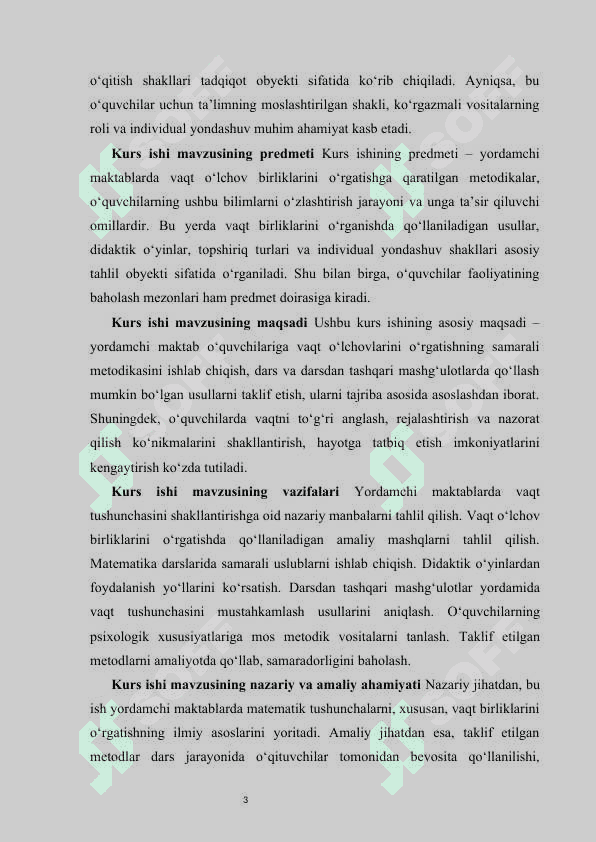 Yordamchi maktabda vaqt òlchovlarini òrganish metodikasi kurs ishi 3