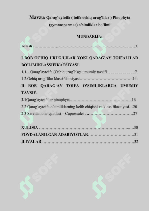 Qarag’aytoifa ( toifa ochiq urug’lilar ) Pinophyta (gymnospermae) o’simliklar bo’limi 4