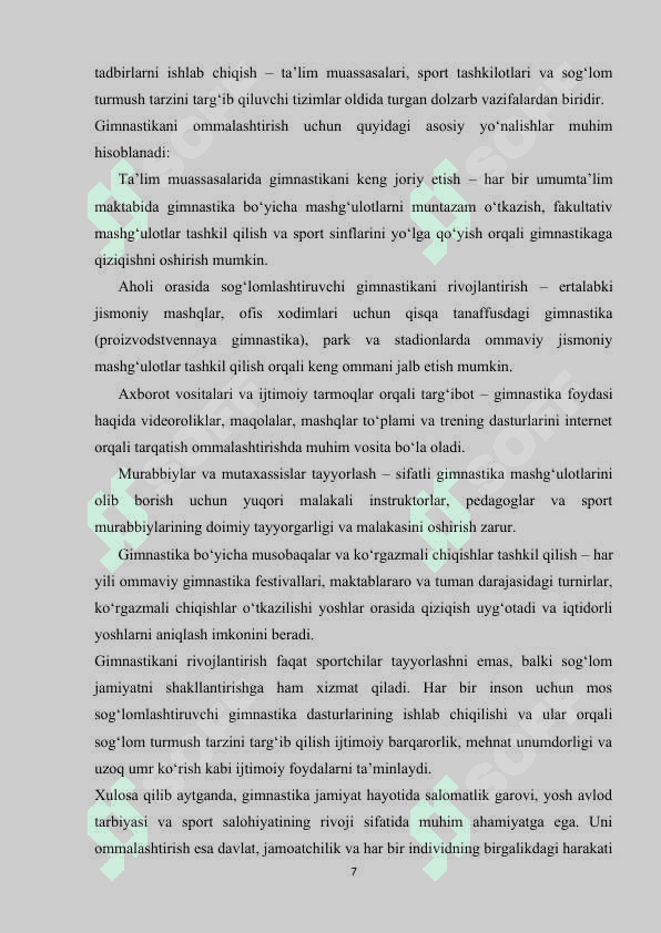 O'ZBEKISTON RESPUBLIKASI GIMNASTIKA FEDERATSIYASINING ASOSIY VAZIFALARI 7