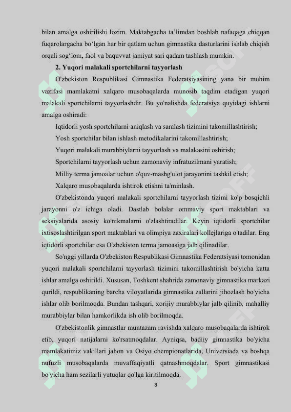 O'ZBEKISTON RESPUBLIKASI GIMNASTIKA FEDERATSIYASINING ASOSIY VAZIFALARI 8
