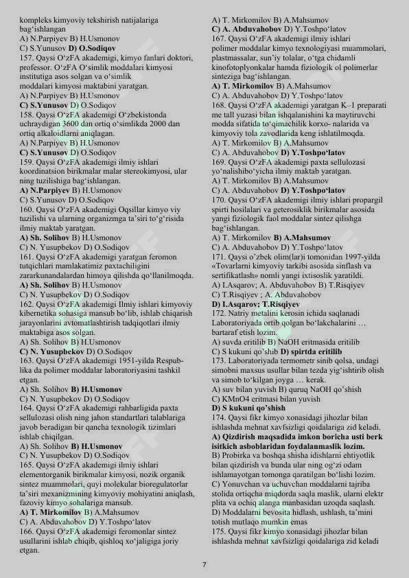 7-sinf kimyo nazariy test. Javoblari 7