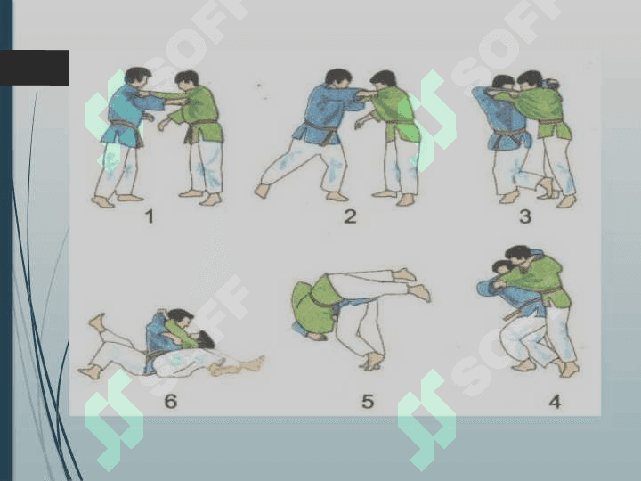 Bel bilan burilib tashlashlar bel va belbog‘ini yonidan ushlab son ustidan tashlash. 4